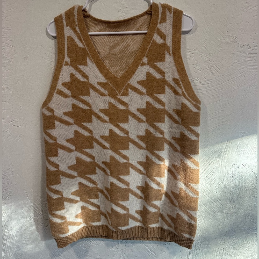 Beige Houndstooth Sweater Vest